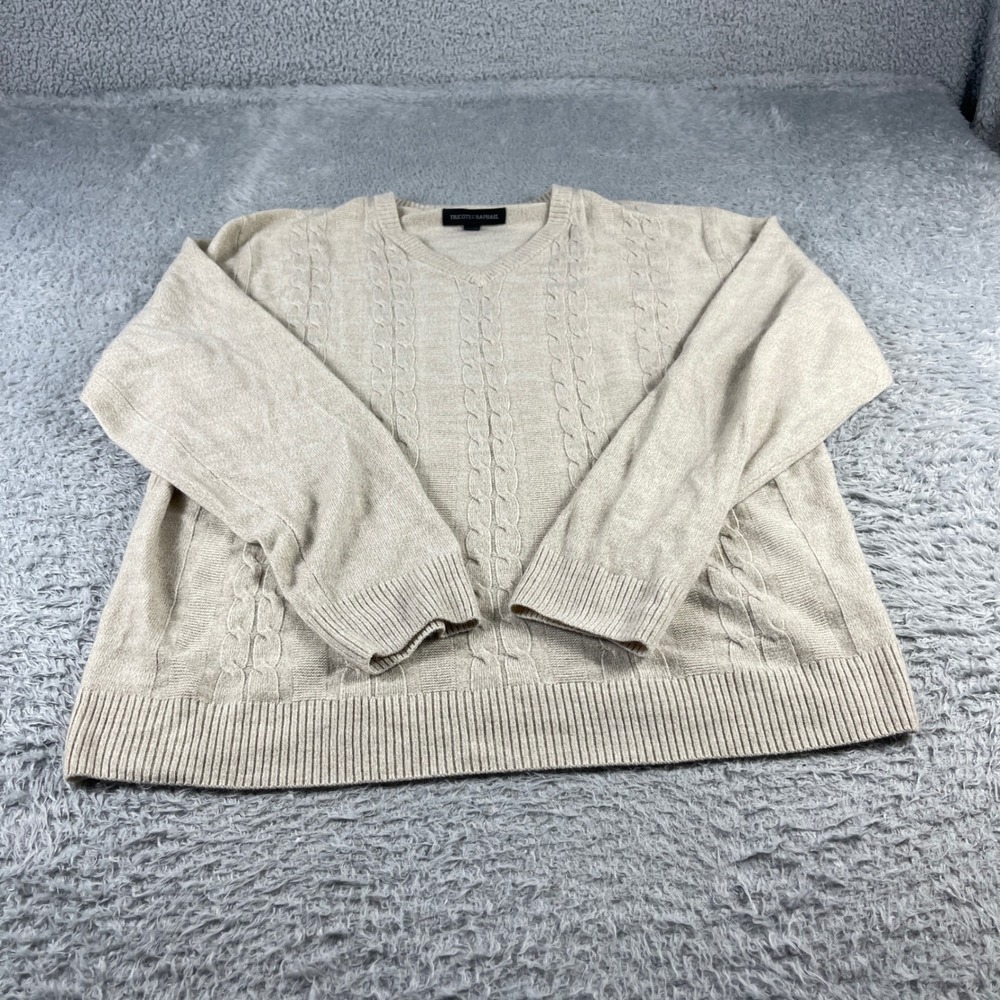 Tricots St Raphael Mens V-Neck Cable Knit Sweater Beige Oatmeal Large L